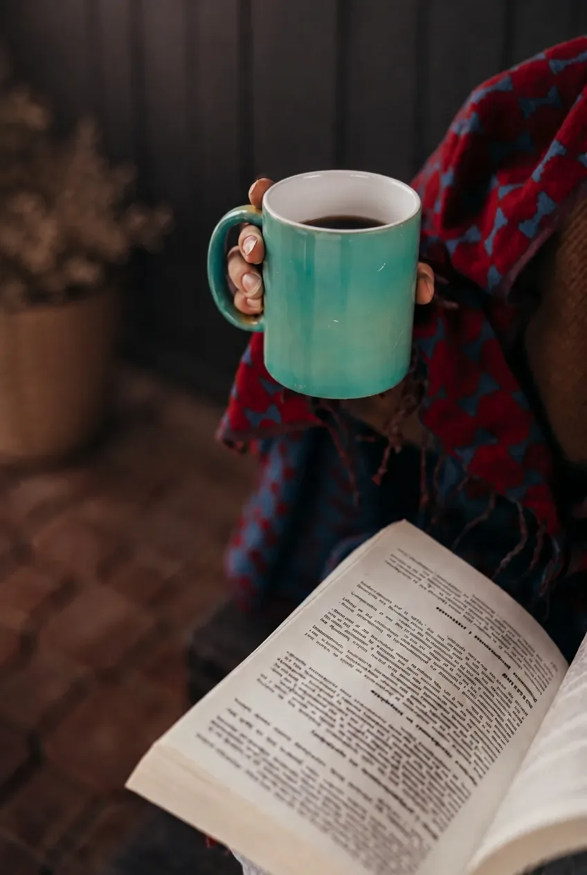 Mãos a segurar uma chávena turquesa sobre um livro aberto, com manta xadrez ao colo